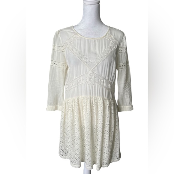 ba&sh cream  lace Pleated 3/4 Sleeve summer cotton Mini Dress - Picture 1 of 11